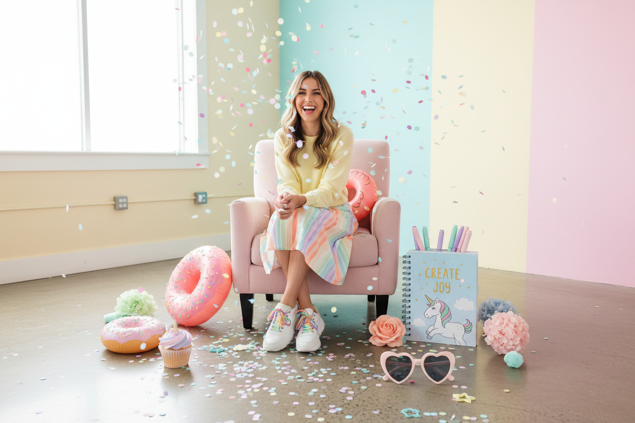 The founder surrounded by colourful party props